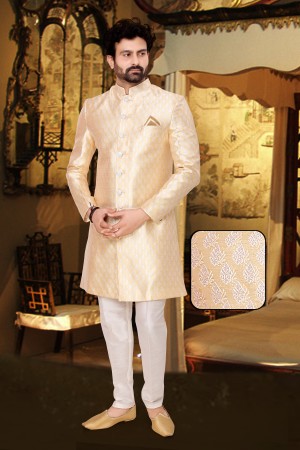 Golden Yellow Jaquard Silk Indo Western Sherwani